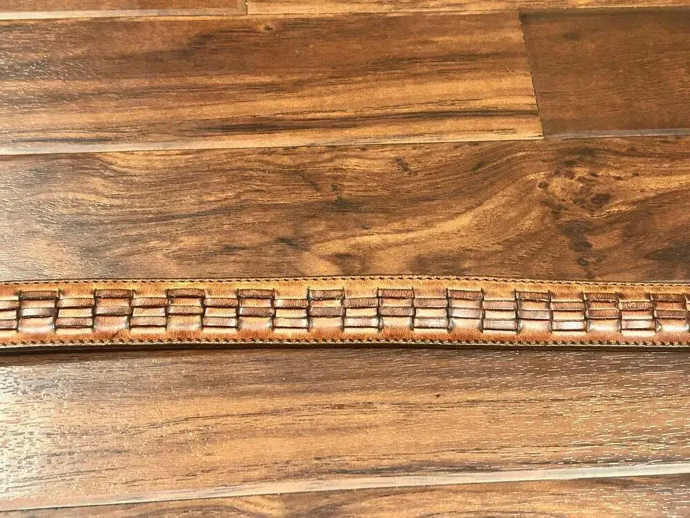 Vintage Hand-Tooled Tan Leather Western Belt with Brass Buckle